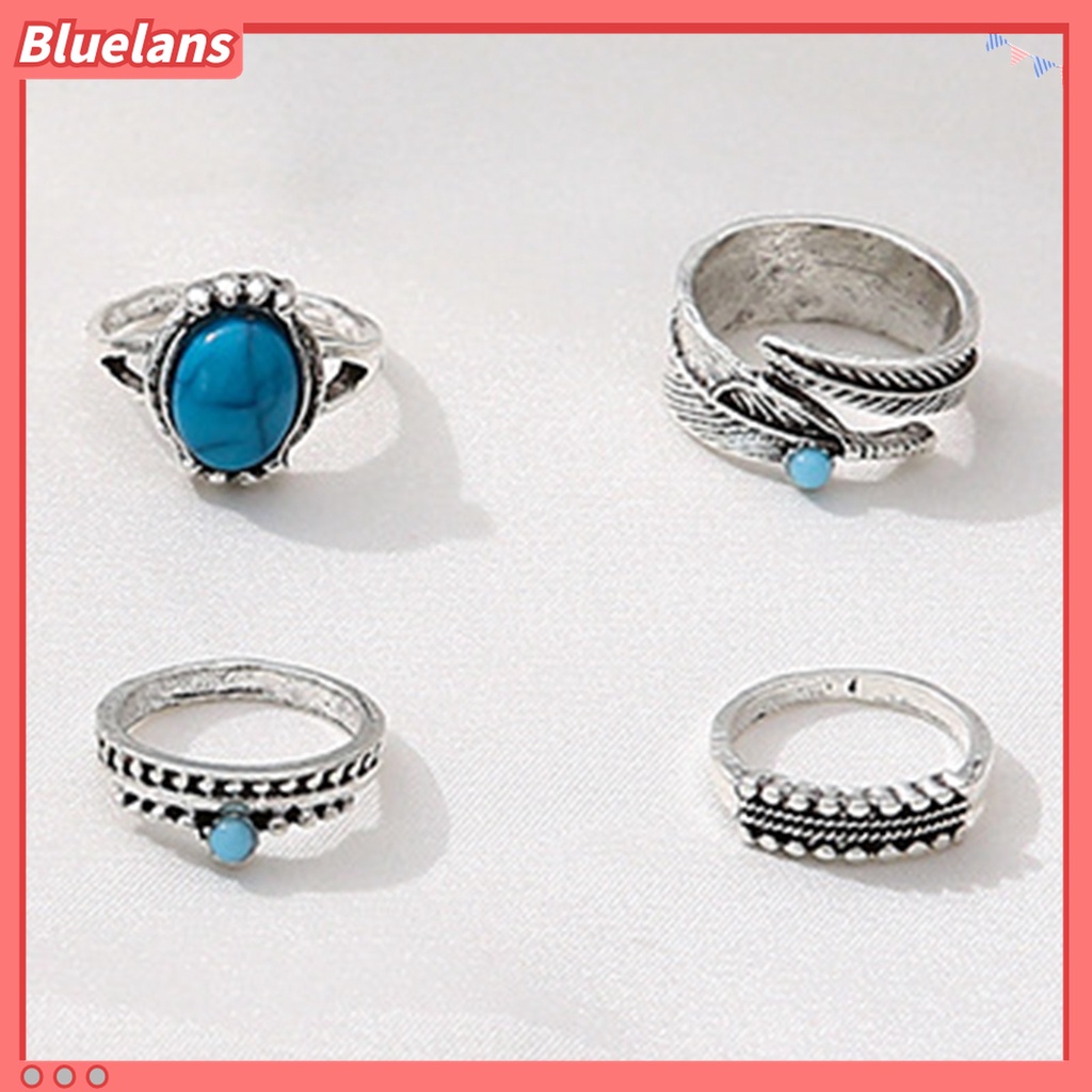 Bluelans 8Pcs Cincin Knuckle Desain Daun Hias Turquoise Imitasi Gaya Bohemian Untuk Pria / Wanita