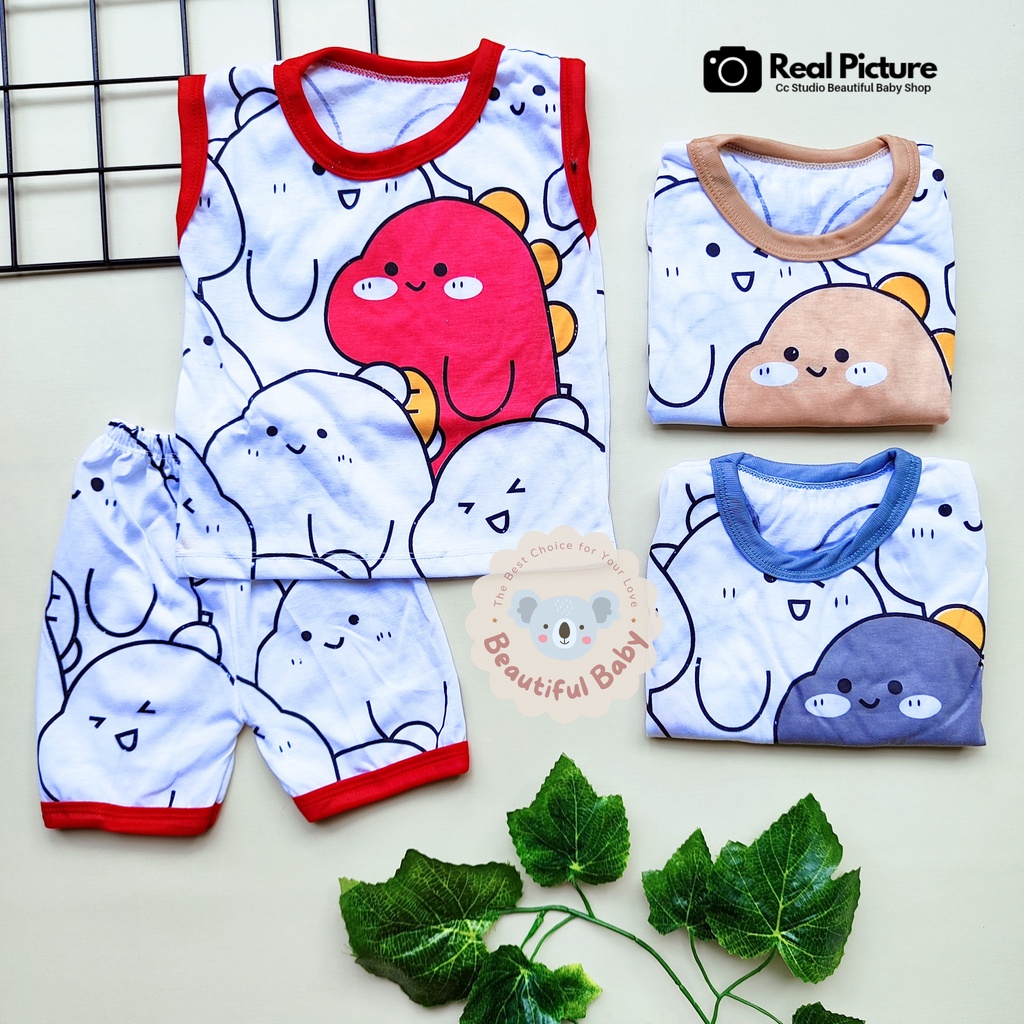 Setelan Baju Bayi Kutung 3-12 Bulan Motif Dinosaurus / Setelan Baju Bayi Singlet &amp; Celana Pendek / Kaos Oblong Bayi / Baby.ou