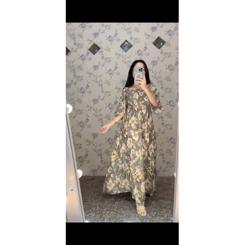 dress moza canda terompet provian bunga best seller sage green