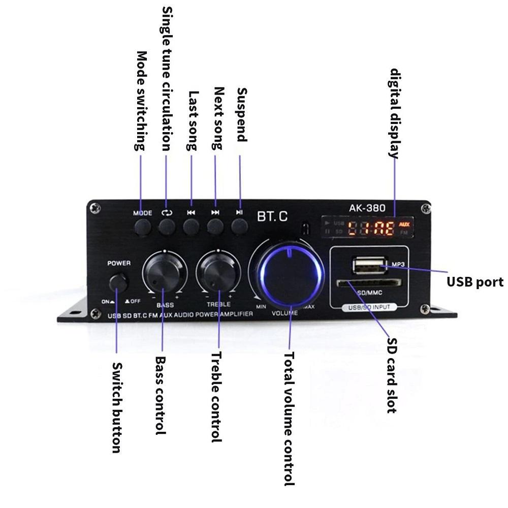 Penguat Daya Audio Bluetooth Mobil Car Audio Power Amplifier 12V 800W - AK380 - DASK04BK Black