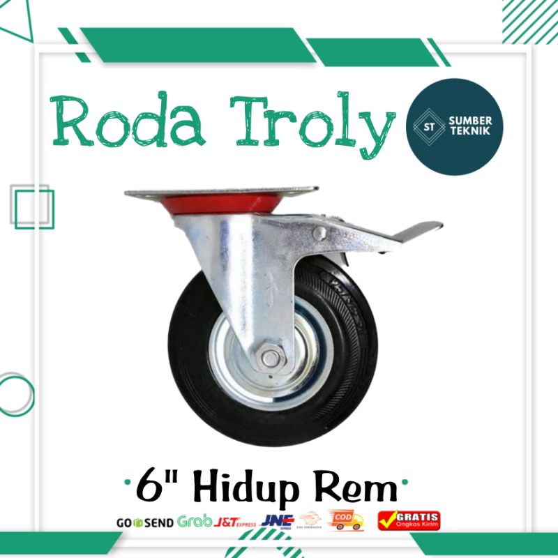Roda Gerobak Troli Troly Karet Hidup Rem 6 Inch / Roda Karet 6 Inch