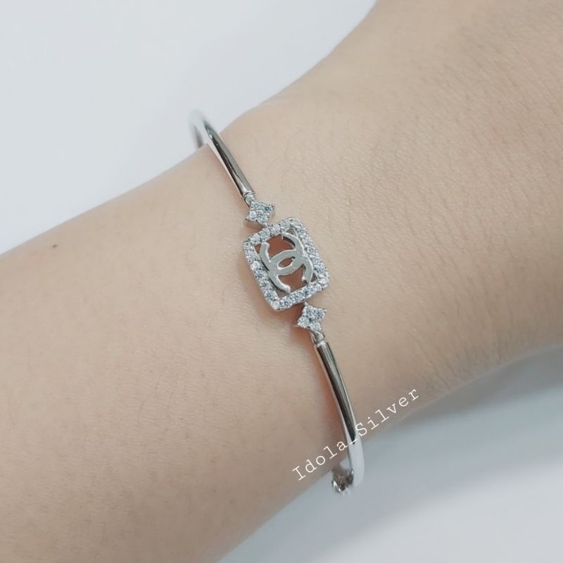 GELANG PERAK ASLI 925 SILVER LAPIS EMAS PUTIH MODEL BANGLE BULAT VARIASI KOTAL CAN*EL PERMATA - PERHIASAN PERAK