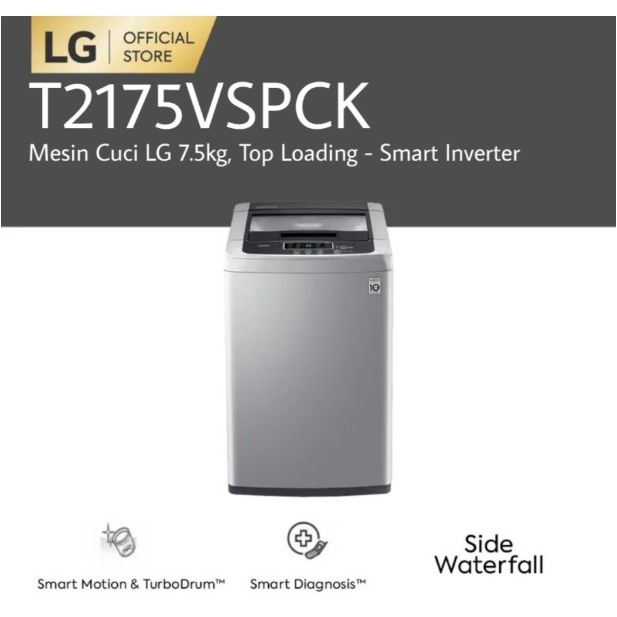 LG Mesin Cuci 1 Tabung Top Loading 7.5Kg Smart Inverter T2175VSPCK