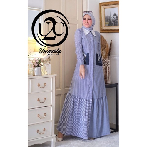 Widuri Dress by U2C • Gamis Batik Biru Denim Putih Kombinasi Simple