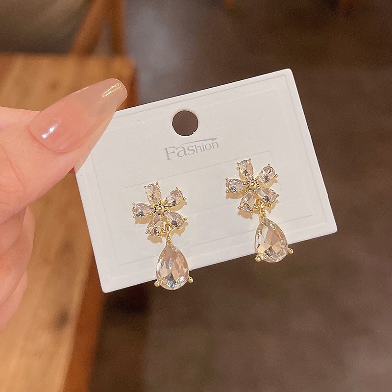 Anting Tusuk Bentuk Bunga Aksen Berlian Imitasi Bahan 925 silver
