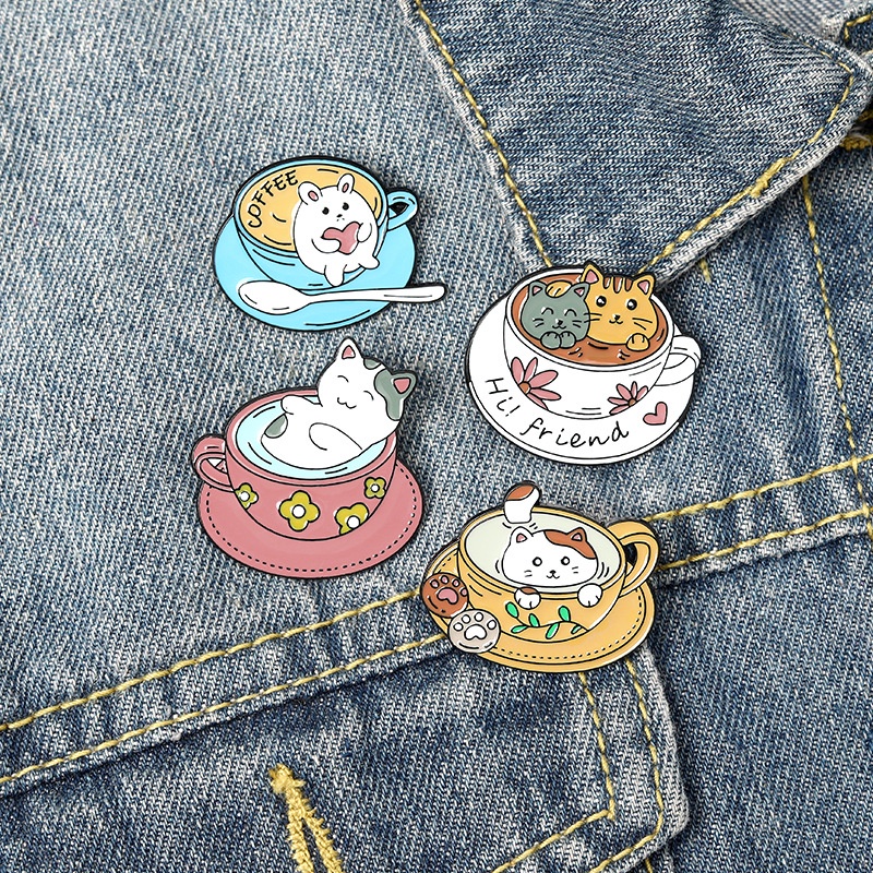 Bros Pin Enamel Bentuk Kucing Cangkir Kopi Untuk Hadiah Anak