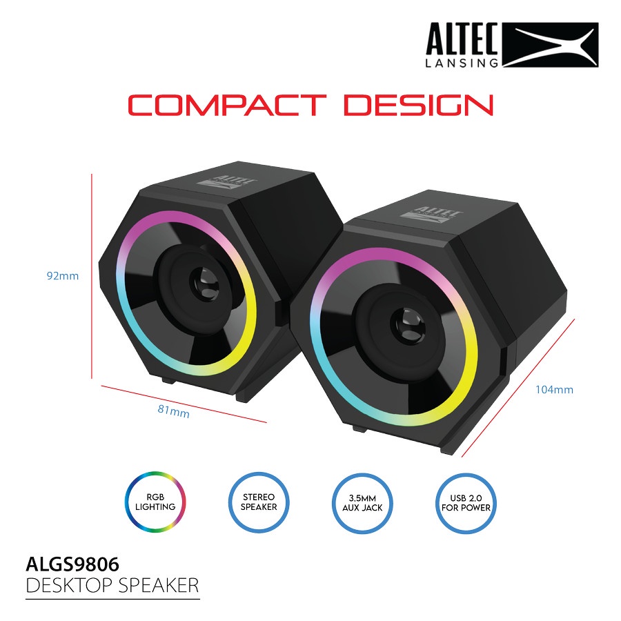 Speaker 2.0 gaming altec lansing wired aux usb 3.5mm power stereo bass rgb for pc cpu laptop phone algs9806 algs-9806