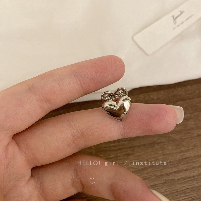 Roselife 1PC Anting Jepit Tulang Rawan Telinga Tanpa Tindik Desain Hati 3D Warna Silver Untuk Wanita