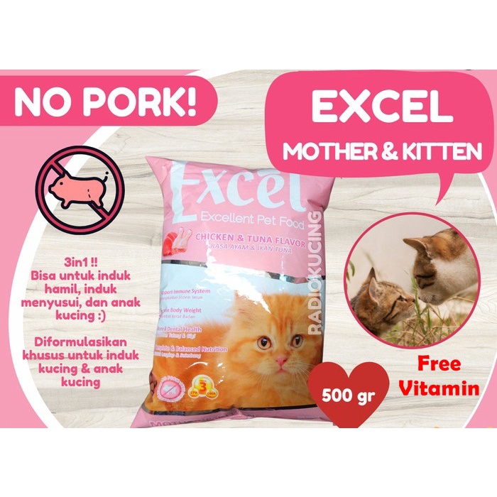 Excel Mother and Kitten Freshpack Free Vitamin 500Gr Makanan Kucing Ibu dan anak