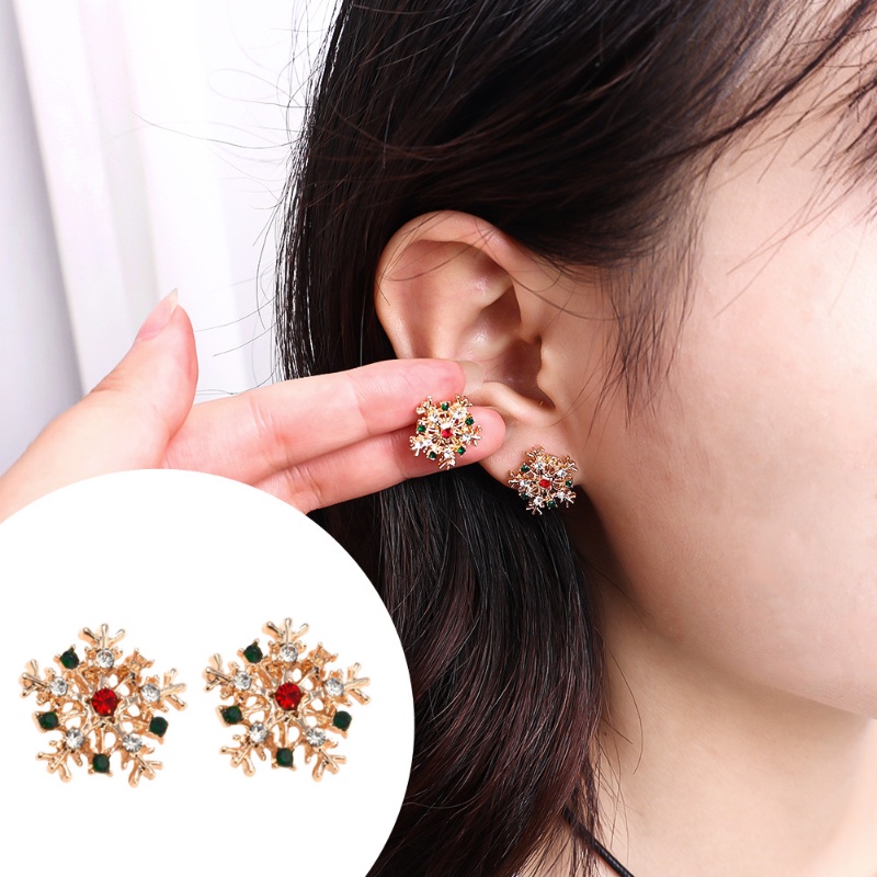 1 Pasang Anting Stud Bentuk Kepingan Salju Warna-Warni Bahan Alloy Aksen Berlian Untuk Wanita