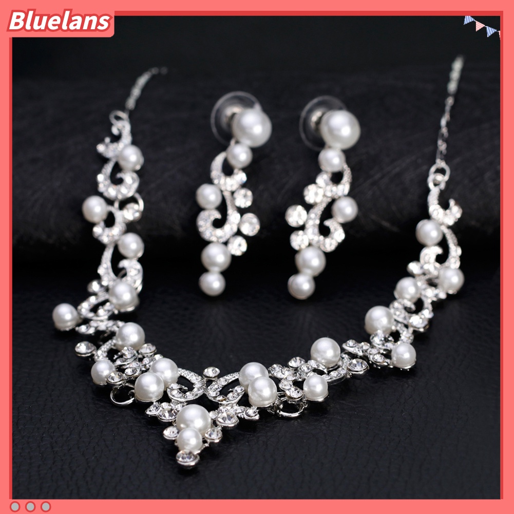 Bluelans Fashion Alloy Rhinestone Faux Pearl Necklace Earrings Women Bride Jewelry Set