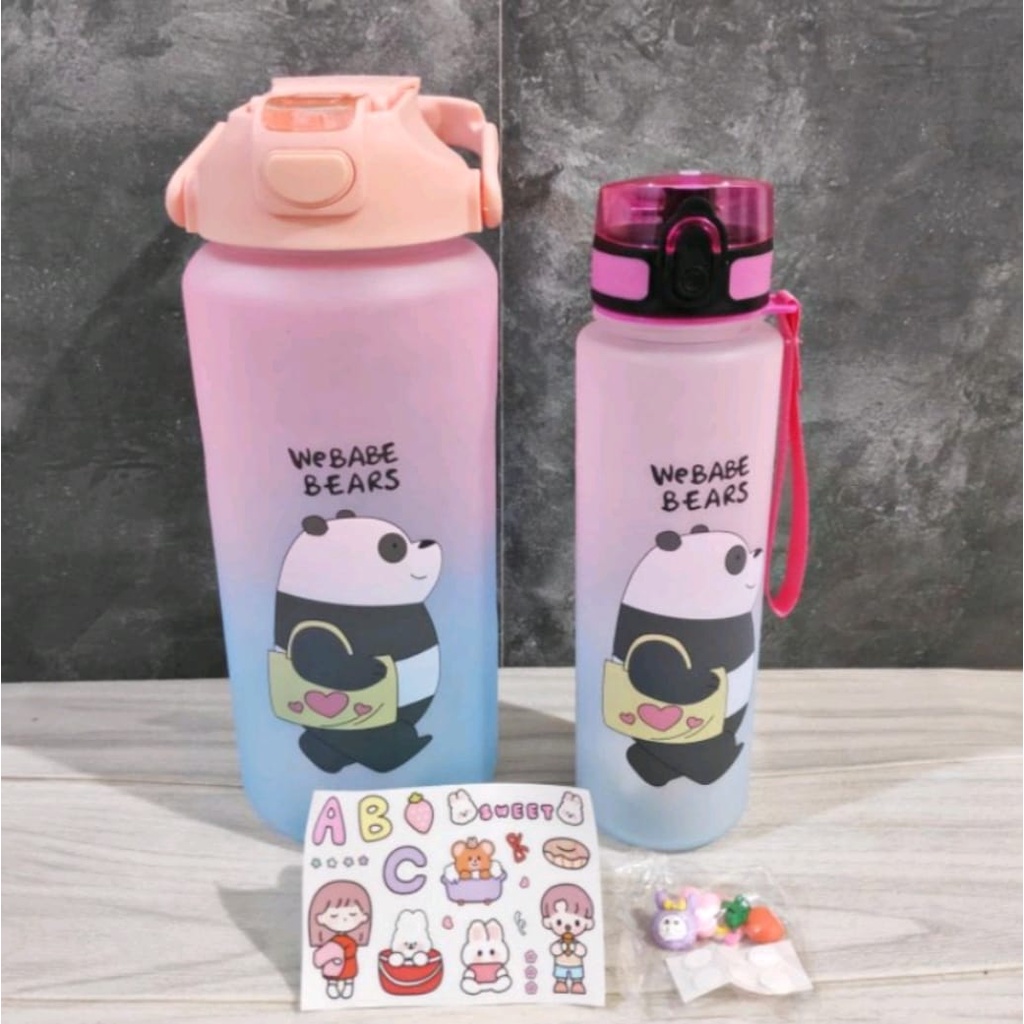 Botol Minum Couple Pasangan + Sticker 2D &amp; 3D Gradasi We Babe Bear 1Set 2 Liter Dan 800ML Food Grade Bebas BPA Dengan Penanda Waktu Webabe Bears-Botol Minum Viral Motivasi 2in1 Botol Minuman Anti Bocor Awet Tahan Lama