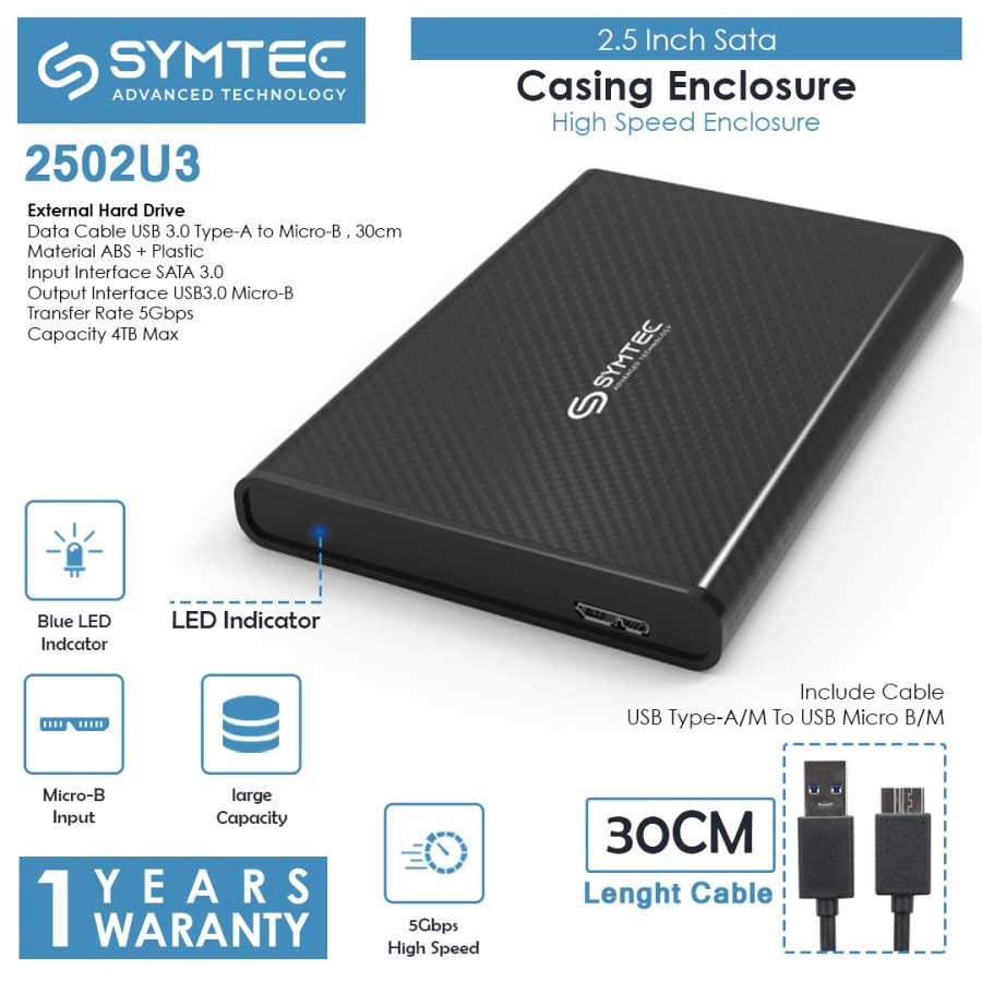SYMTEC HDE-2502U3 2.5 Inch Hard Drive HDD SSD SATA Casing Enclosure