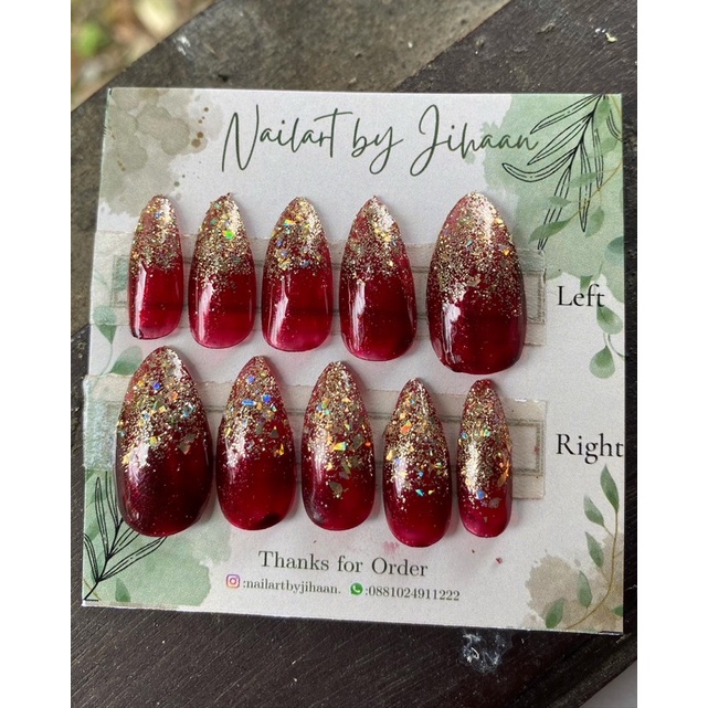 NAIL ART KUKU PALSU WEDDING SIMPLE MAROON GLITER