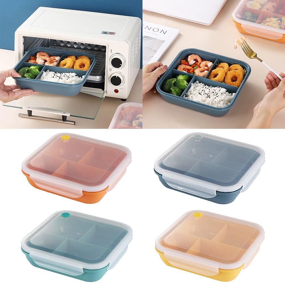 Solighter Lunch Box Microwavable Persegi Panjang Grid Dengan Sendok Wadah Makanan