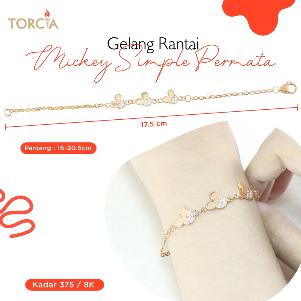 Gelang Rantai Emas Asli Mickey Simple Permata Kadar 375 Torcia
