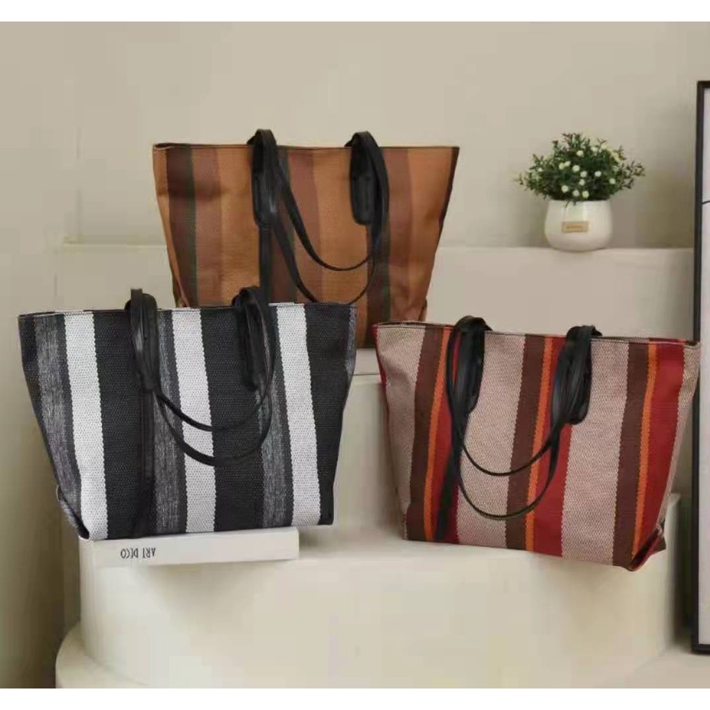 MV_Marvelouz MV602037 Tas TOTE BAG Wanita Canvas Motif Garis Kekinian terbaru 1kg bisa 4 tas supplier tas import LT2037