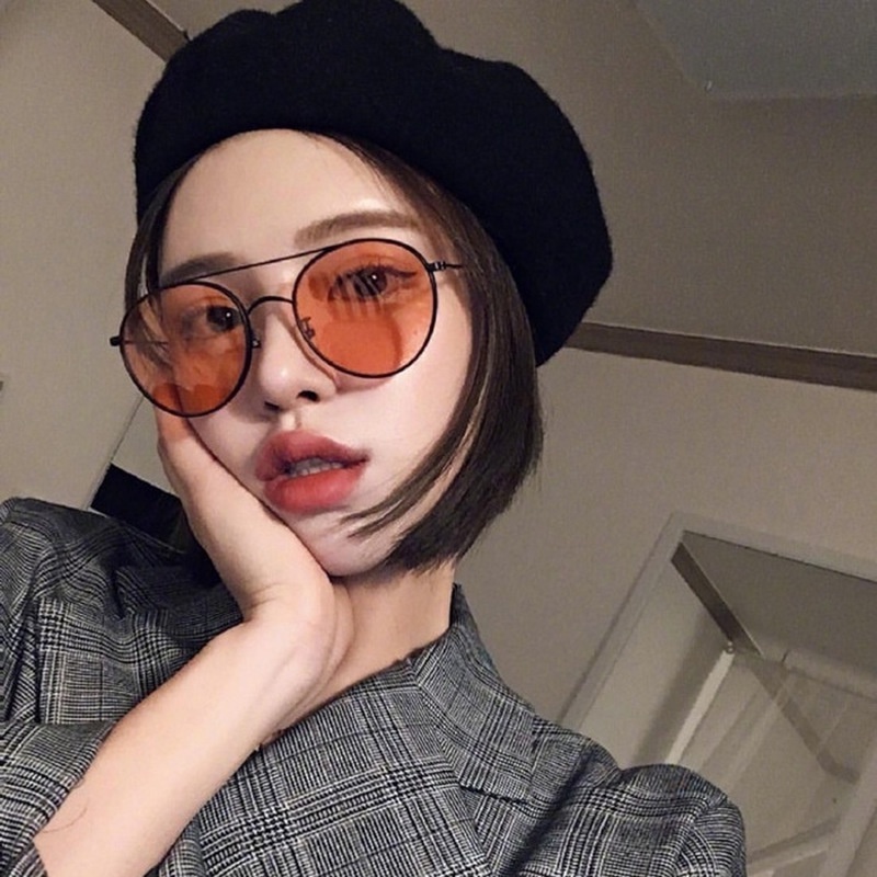 (YUZHU) Kacamata Hitam Bulat Balok Ganda Mode Barat Gaya Vintage Permen Warna Kerai Sunglasses Unisex