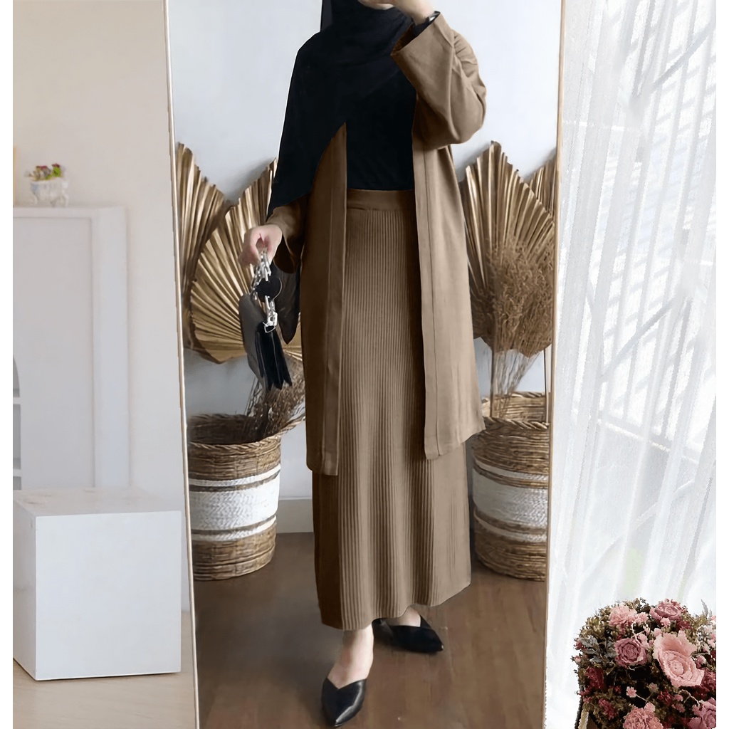 Yurika One Set Rok Span + Cardigan 2 In 1 Setelan Rajut Tebal Lembut Wanita Premium Terbaru Fit to XL / Rajut setelan Pocky / Baju Atasan Import Boxy Murah / Set Cardi Panjang Fashion Wanita Muslim / Daily Set Atasan Dan Bawahan Rajut