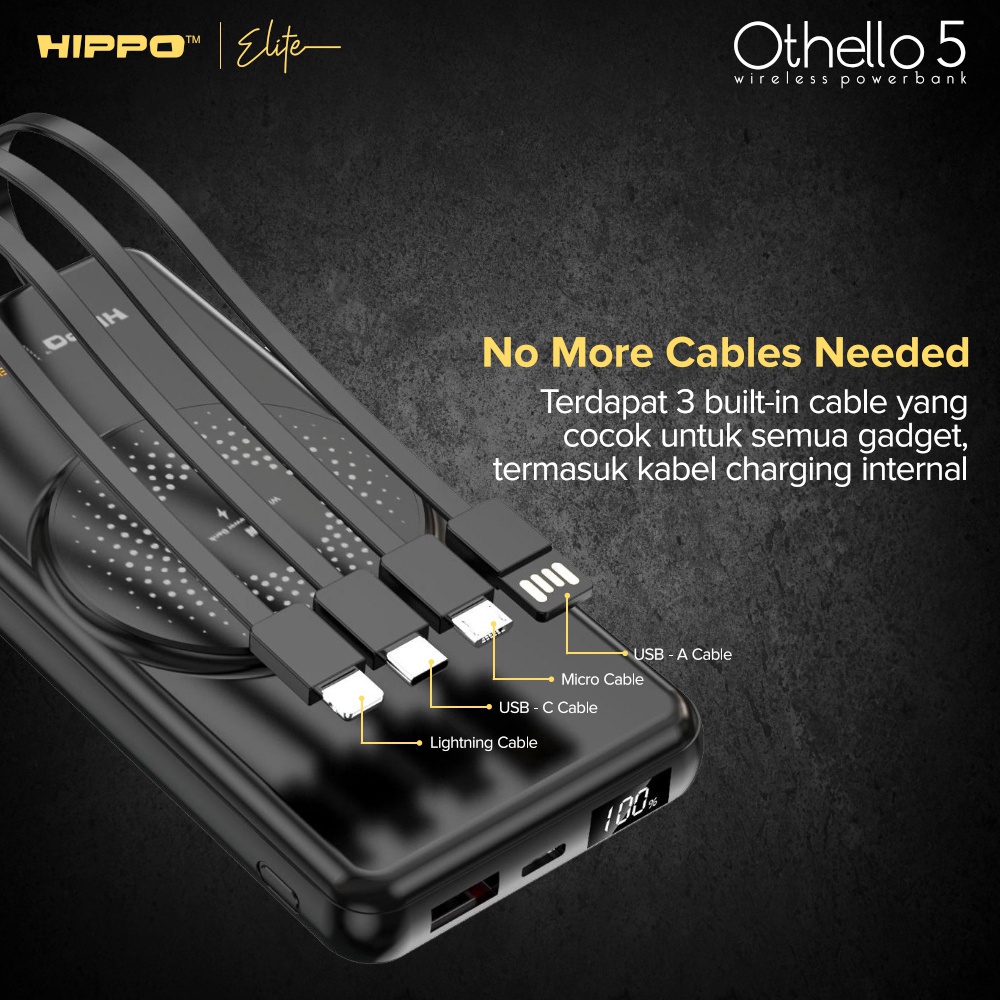 Hippo Elite PowerBank Othello 5 PD 22,5W 10000Mah MagSafe Magnetic Wireless 15W Charger Quick Fast Charging Power Bank type C Power Delivery QC 5 Port Output Build In Cable