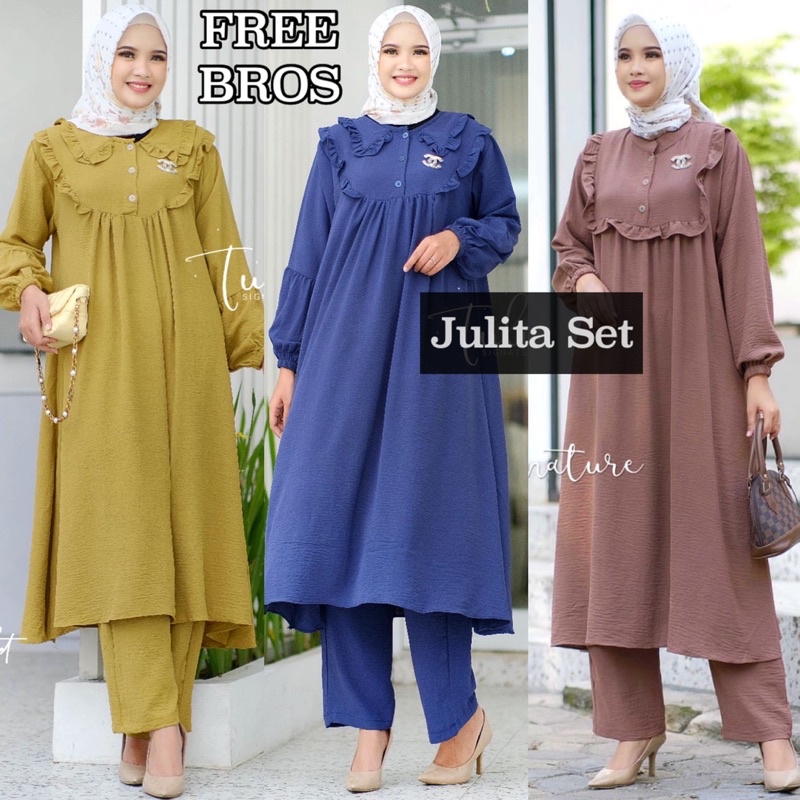 ONE SET CRINKLE SETCEL LONG TUNIK STELAN JUMBO BUSUI KANCING DEPAN JULITA FREE BROS GROSIR PGMTA MUR