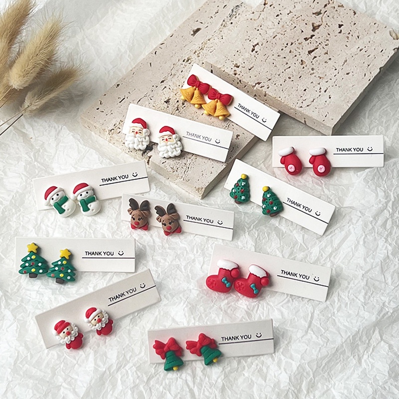 Anting Stud Desain Kartun Snowman Santa Claus Rusa Pohon Natal Bahan Resin Gaya Vintage Untuk Wanita