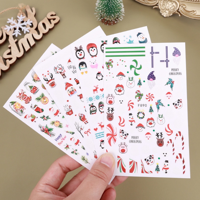 1 Lembar Stiker Kuku 3D Motif Kartun Rusa Santa Claus Penguin Tahan Air Untuk Dekorasi Nail Art