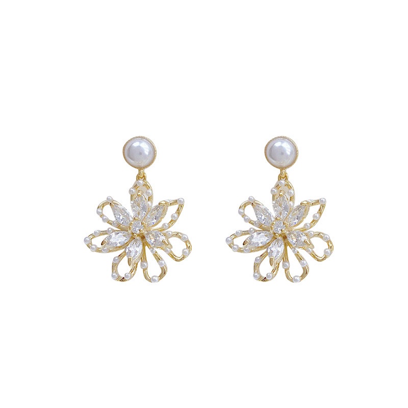 Anting Tusuk Gantung Sterling Silver 925 Desain Bunga Hias Zircon + Mutiara Gaya Vintage / Mewah Untuk Wanita