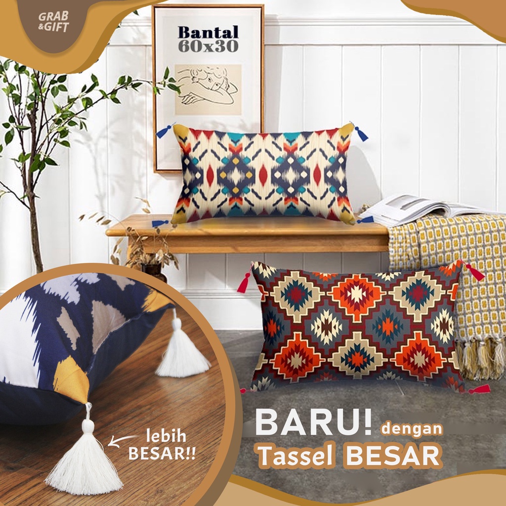 Bantal Sofa 60x30 dengan Tassel Gantung Vintage Luxury Bohemian Dekorasi Mulan Turkish Denim Tenun Premium Grabandgift