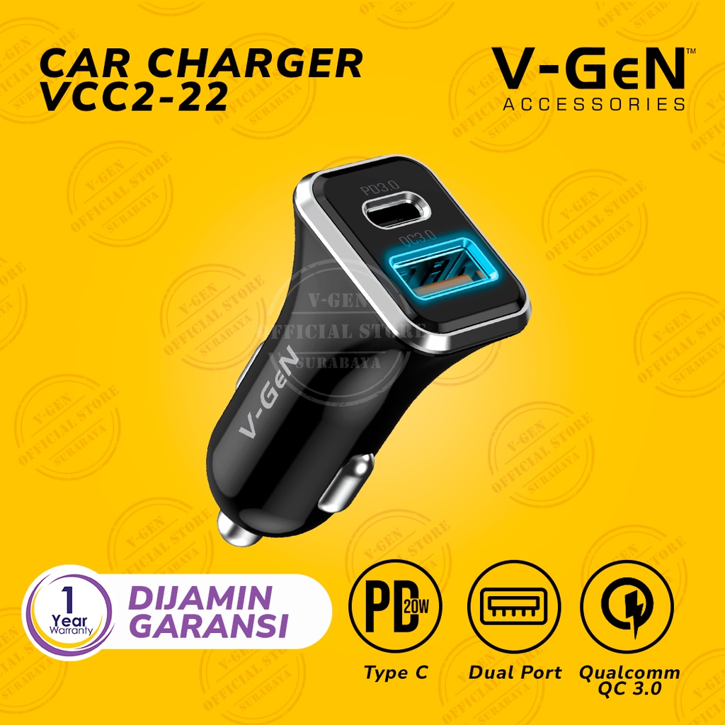 Car Charger V-GeN VCC2-22 Dual Fast Charging QC 3.0 PD 20W USB Type C