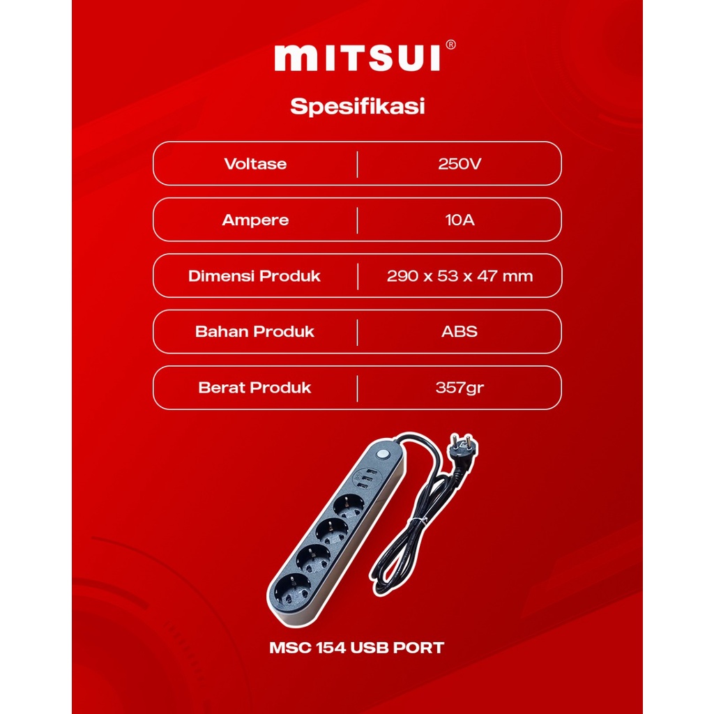 Mitsui Stop kontak Kabel 4 lubang+ 3 USB Port + Kabel 1,6 M Mitsui MSC 154