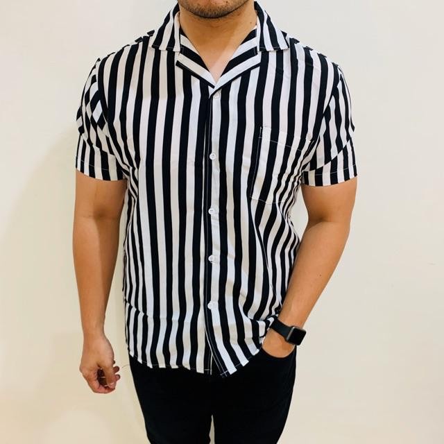 KEMEJA PRIA Ribsgold Shirt Man Bowling / Kemeja Salur / Kemeja Casual Pria - Putih Hitam, XL PREMIUM