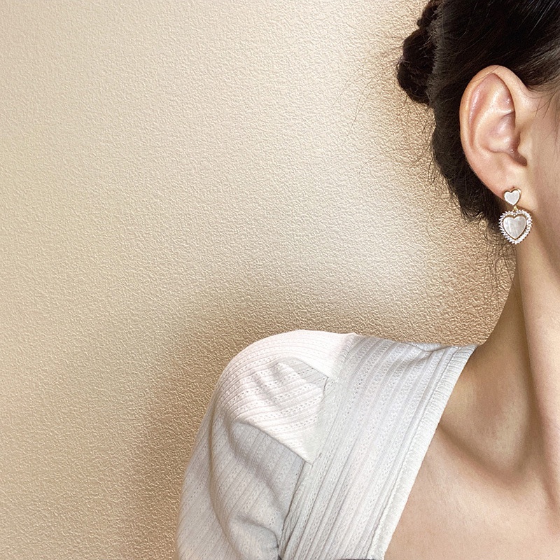Anting Tusuk Sterling Silver 925 Desain Hati Hias Zircon + Mutiara Untuk Wanita
