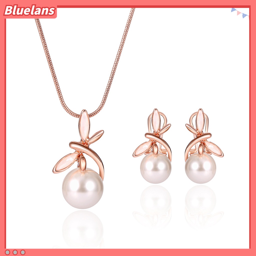 1 Set Kalung Anting Stud Desain Pita Aksen Mutiara Tiruan Untuk Wanita