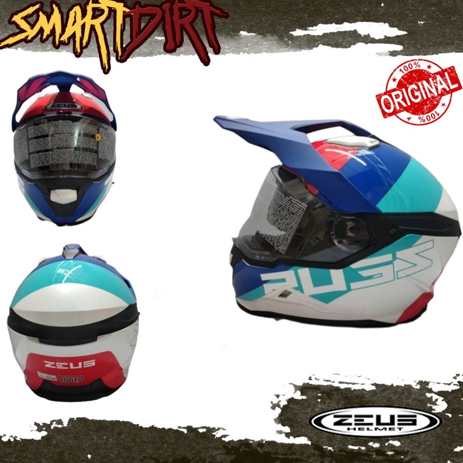 HELM MOTOR ZEUS ZS913 BF1 PEARL WHITE BLUE HELM FULL FACE DOUBLE VISOR