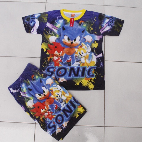 setelan baju anak laki laki sonic/baju kaos anak alki motif sonic full printing