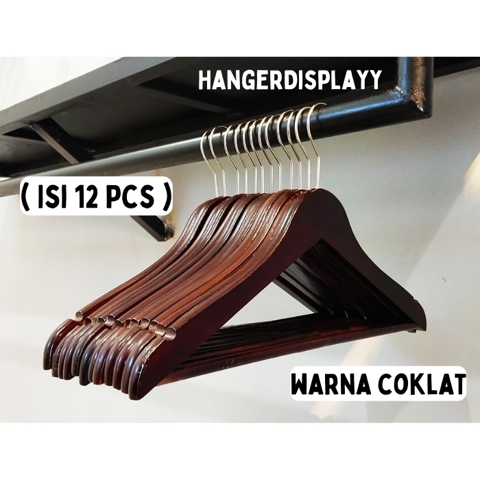 HANGER KAYU BAJU DEWASA + PALANG KAYU + WARNA COKLAT ( 12 PCS )