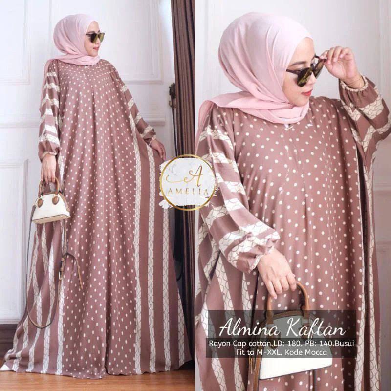 Almina Kaftan Wanita Jumbo Rayon Premium Gamis Kaftan Batik Modern Kekininan Bigsize LD 180 cm