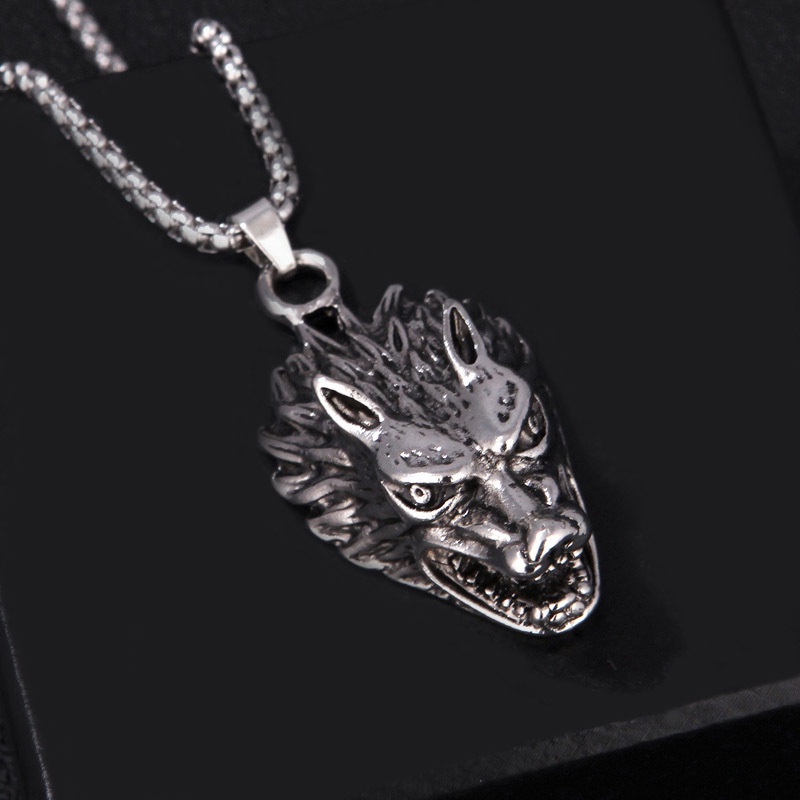Kalung Liontin Kepala Serigala Bahan titanium steel alloy Gaya hip-hop punk Eropa Amerika Untuk Pria