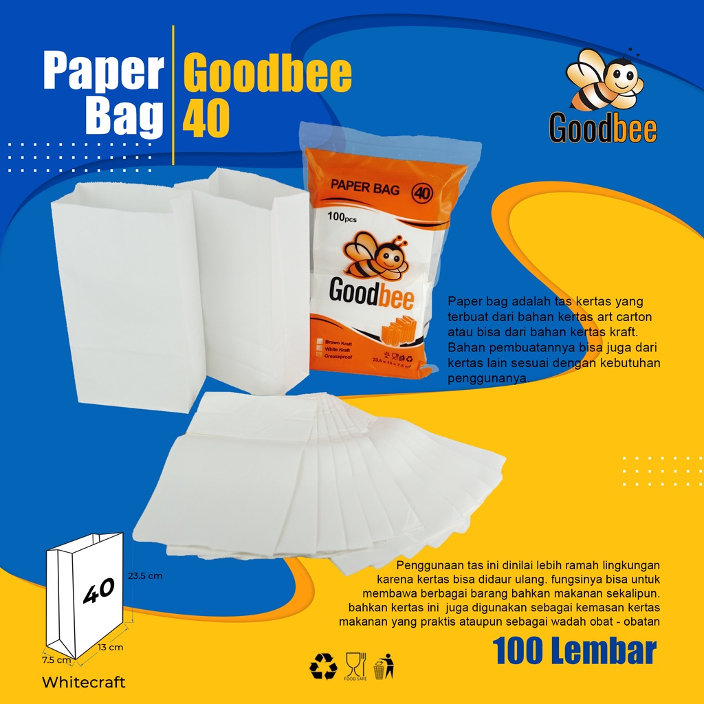 

Goodbee Paper Bag 40 - White Kraft - Medium - Kantong Kertas Goodbee White - 100pcs