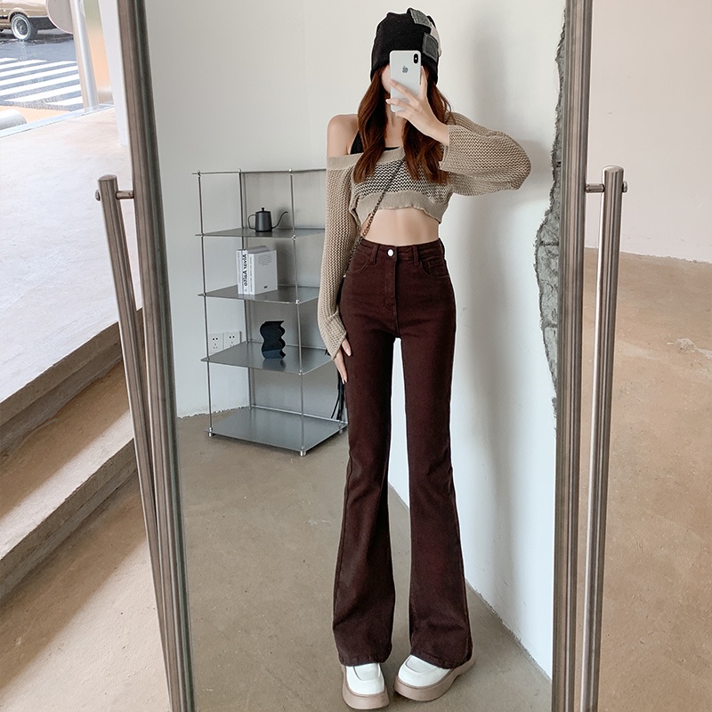 New coklat high waist murah stretch celana jeans panjang wanita