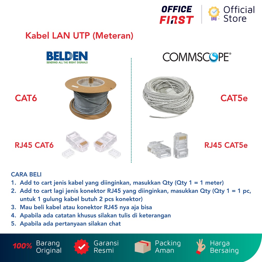 Kabel LAN UTP Meteran CAT5e CAT6 plus Konektor RJ45 RJ 45 Bisa Beli Satuan Per Meter Commscope Belden