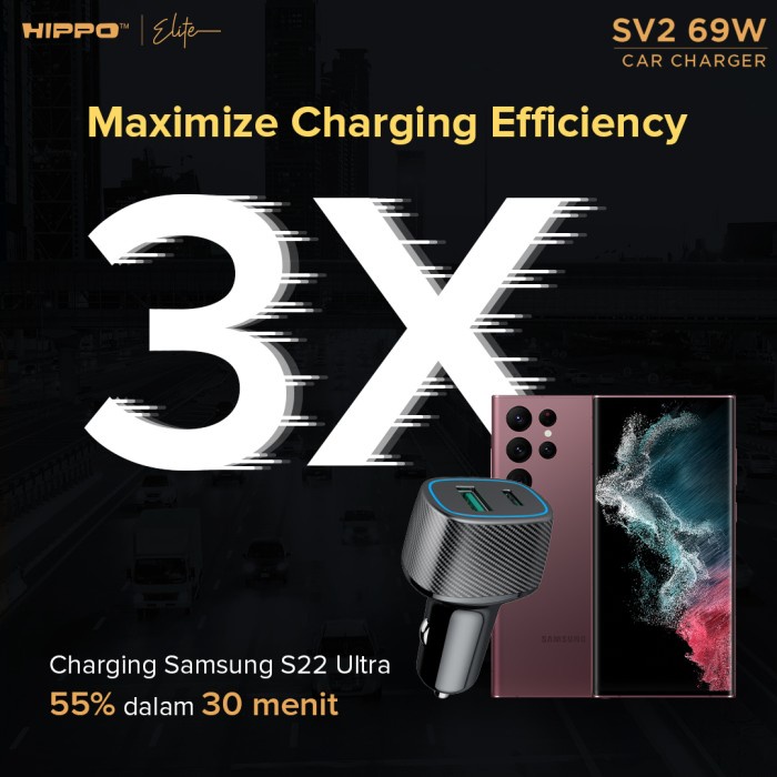 Hippo Car Charger SV 2 PD 69W Power Delivery Fast Quick Charging 3.0 Casan Colokan Mobil Type C Android Iphone Micro Lightning QC Dual Port USB A USB C