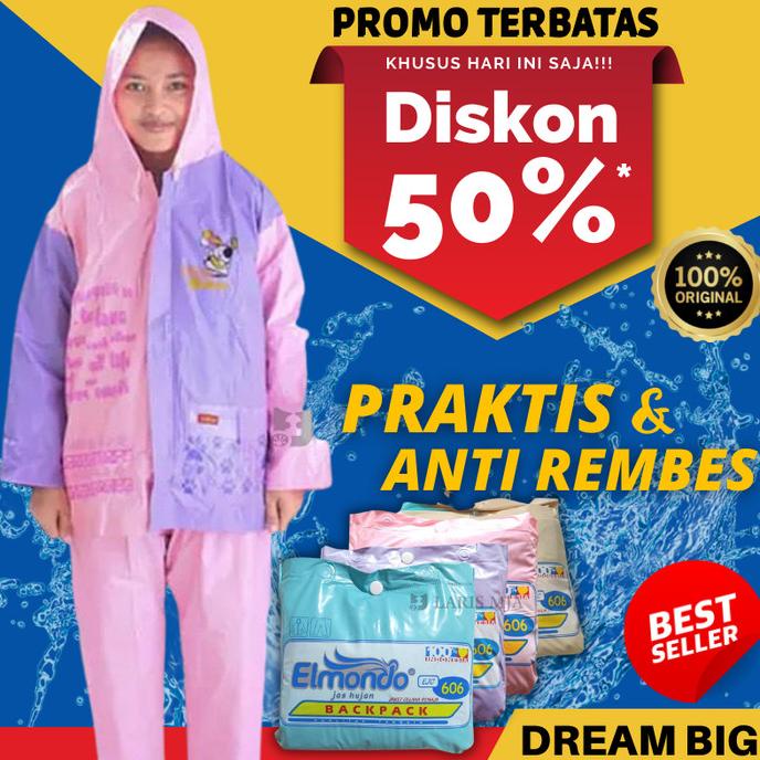 Jas Hujan Anak Perempuan SD Umur 6-10 Tahun Setelan Elmondo Jas Ujan
