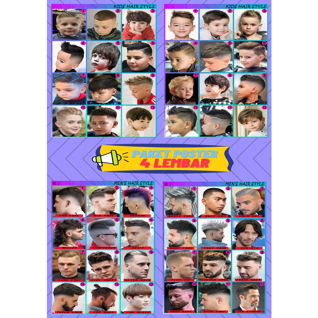Paket 4 Lembar Poster Pangkas Rambut / Poster Rambut Pria / Poster Rambut Anak