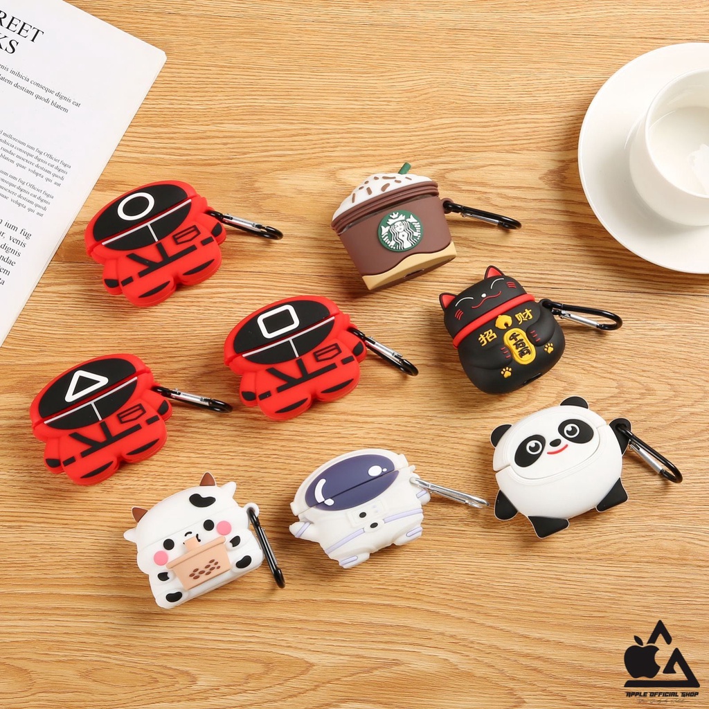 SILIKON CASE 4D NASA STARBUCKS APPLE AIRPODS GEN 1 2 3 PRO  MOTIF SQUID GAME CAT PANDA COW LUCU KEREN CARTOON KARAKTER KARTUN JORDAN DISNEY Silicone Earpods Inpods Earphone Softcase Pouch Kaitan Cantolan