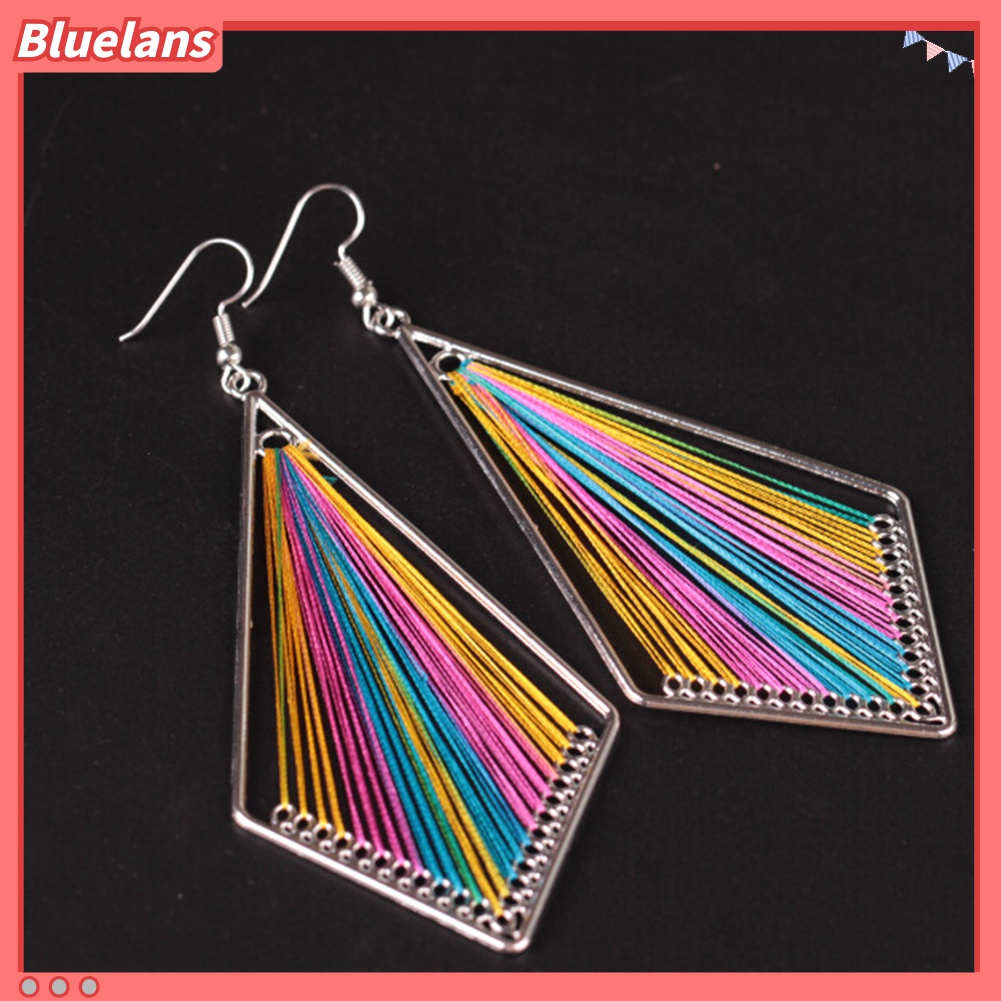 Anting Kait Bentuk Tetesan Air Geometris Warna-Warni Bahan Sutra Gaya Bohemian Untuk Wanita