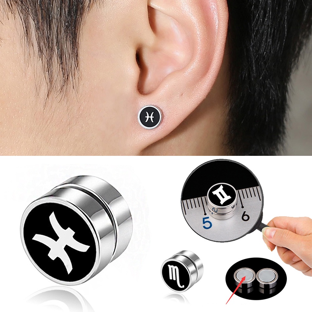 Anting Stud Magnet 12 Rasi Bintang Bahan Stainless Steel Gaya Korea Untuk Unisex