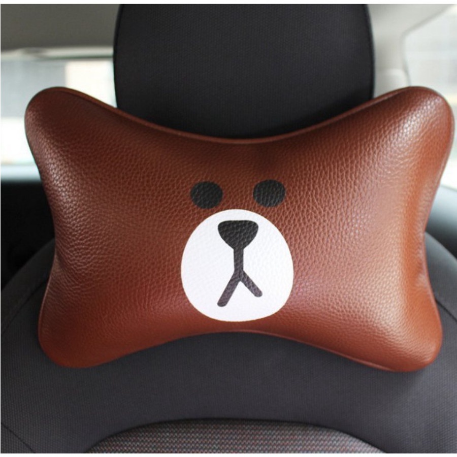 Bantal Sandaran Jok Mobil Import Kepala Leher Headrest Car Set BROWN Doraemon KULIT