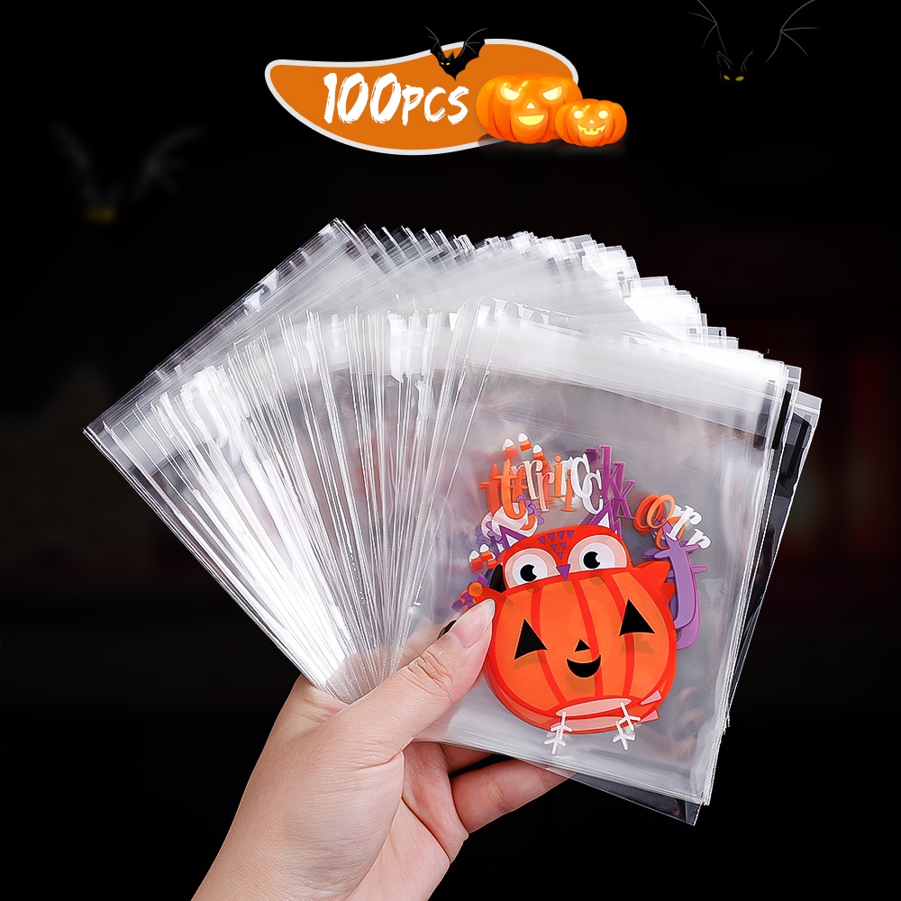 100 Pcs Tas Permen / Kue Kering Motif Kartun Labu Hantu Halloween Ukuran 10x10cm Untuk Dekorasi Pesta